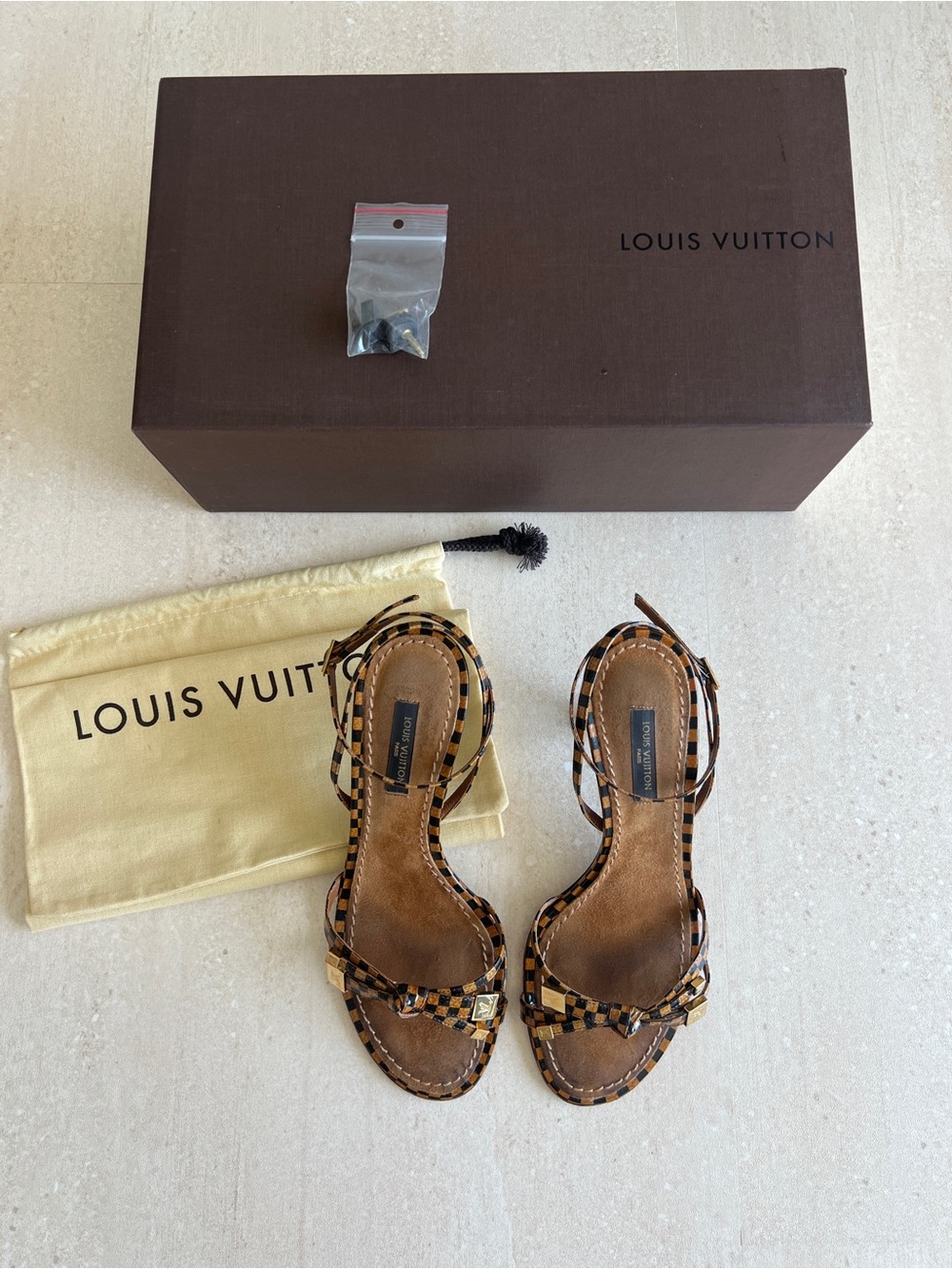Vintage Louis Vuitton Damier Brown Checkered Strappy Sandals with Gold Accents - Picture 9 of 9